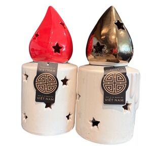 Handcrafted Ceramic Star Cutout Candle Holders Set of 2 Red Gold Vietnam Decor
